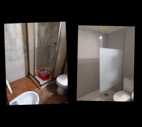 Sustitución de plato de ducha, instalando panel de ducha y azulejo pintado
